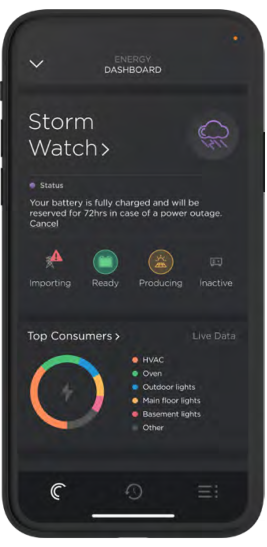 Smartphone displaying an energy dashboard with Storm Watch status