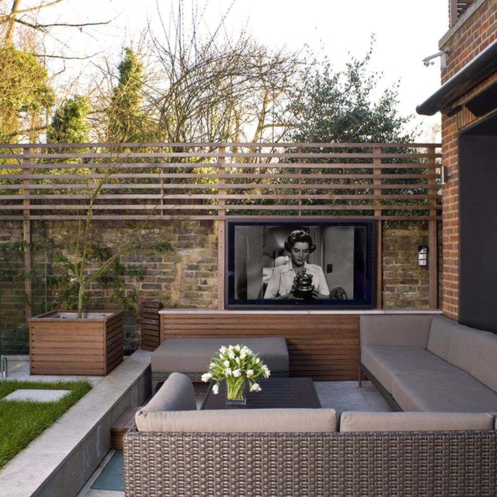 <span class="uk-h4">A backyard patio with an outdoor TV built into a wall structure with plants and trees behind it.</span>